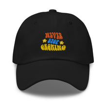 Load image into Gallery viewer, Never Stop Growing Embroidered Relaxed Fit Baseball Cap, Hats for Men, Sun Hats for Women
